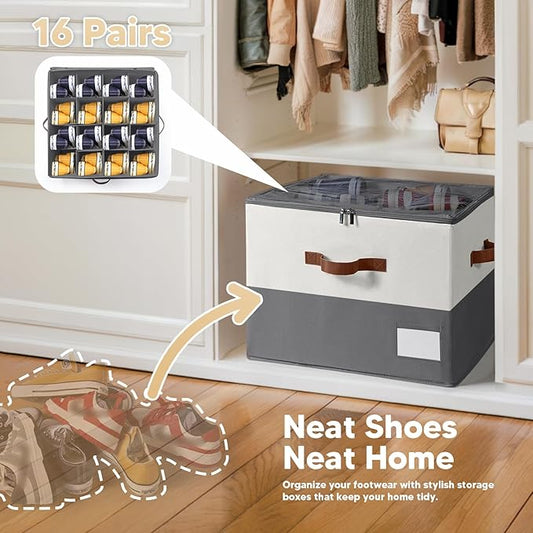 Shoe Organizer for Closet, Fits Up to 16 Pairs, Large Shoe Box Storage Container with Clear Cover, with Adjustable Dividers for Shoe Storage Bins,Space-Saving Shoe Bins (Beige and grey)