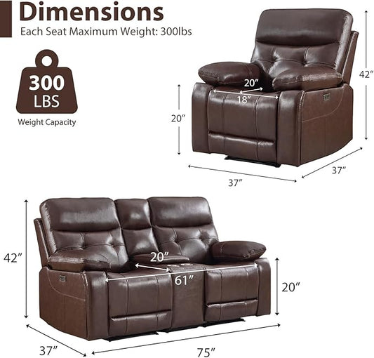 CANMOV Genuine Leather Power Recliner Sofa Set, Two Power Recliner Chair and Loveseat Set, 3 Pieces Leather Couch with Storage Console, USB Ports, Cup Holders for Living Room,Dark Brown