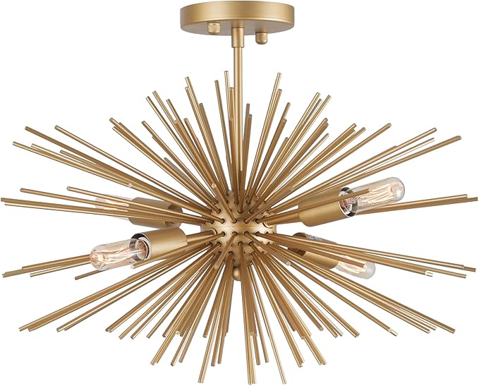 Modern Sputnik Chandelier Ceiling Light Fixture,4-Light Gold Semi Flush Mount Ceiling Light,20in Solid Metal Starburst Satellite Urchin Chandelier for Entry Dining Room Bedroom Kitchen Foyer