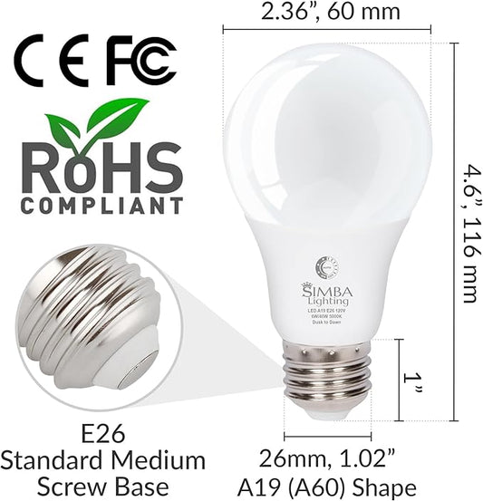 Simba Lighting LED Outdoor Light Bulbs with Photocell Sensor Dusk to Dawn Smart Auto On and Off (2 Pack) A19 6W 40W Replacement for Porch, Night Light, Garage Door, E26 Medium Base, 5000K Daylight