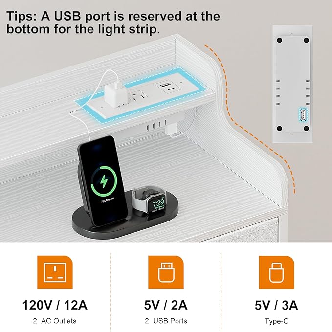 REAHOME Dresser for Bedroom with Charging Station and LED Lights, 12 Drawers Dresser TV Stand with Wooden Top, Tall Fabric Chest of Drawer with Sturdy Frame for Closet, Living Room, Hallway, White