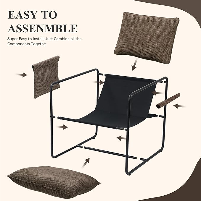 Accent Chair with Metal Frame, Upholstered Living Room Chairs with Cushions, Comfy Reading Armchair for Bedroom Brown
