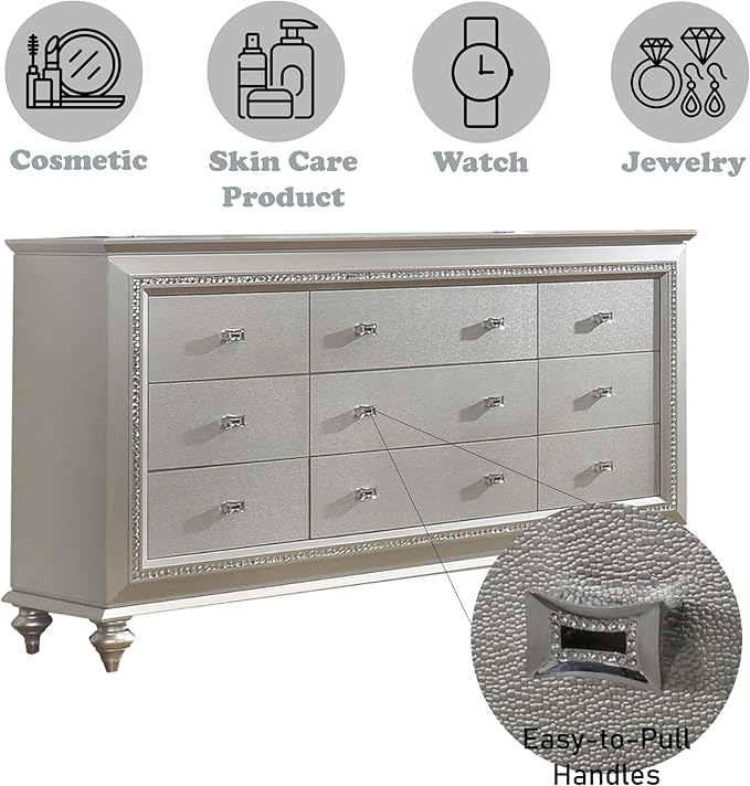 Acme Kaitlyn Rectangular Wood 9-Drawer Dresser with in Champagne White