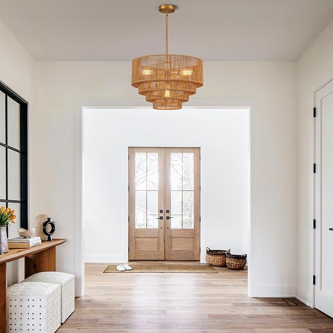 19.7" Boho Rattan Chandelier Light Fixture 4-Light Hand-Woven Bamboo Vintage Farmhouse Chandelier Drum Wicker Golden Chandeliers for Dining Room, Kitchen Island, Bedroom, Foyer