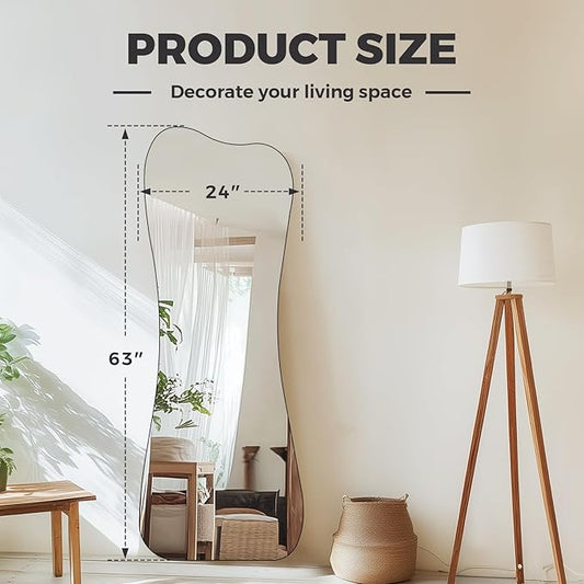 QDSSDECO Full Length Mirror with Bracket 63"x24" Irregular Wall Mirror Vase Frameless for Living Room Bathroom Bedroom Entryway Decor