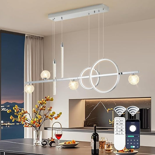 Modern LED Pendant Lights, Dimmable 47in Silver LED Chandelier Lighting, Upgraded Chrome Linear Dining Room Hanging Light Fixtures Kitchen Island Globe Pendant Light for Dining Table (4200lm)