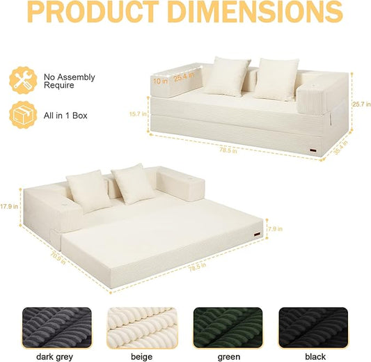 COMAX Boneless Couch, Futon Sofa Bed Couches Versatile Queen for Living Room, 79" 4 in 1 Convertible Sleeper Corduroy Couch Foam in a Box, Foldable Fold Out Floor Mattress No Assembly Required, Beige