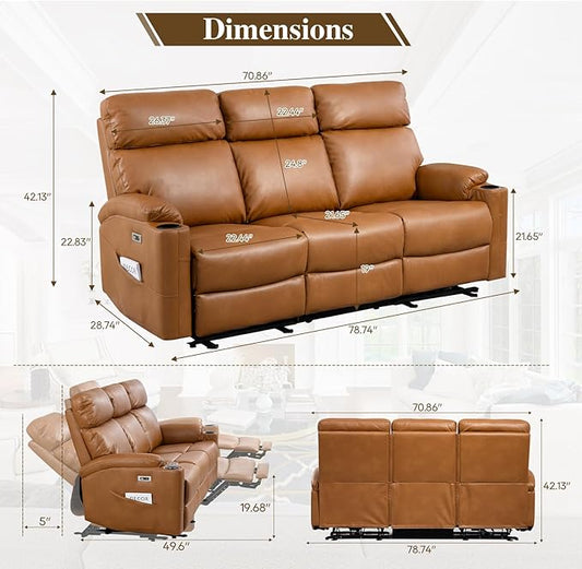 Power Reclining Sofa, Electric 3-Seat Dual Recliner Sofa with USB Ports, Cup Holders, Wall Hugger Sofa & Couch for Living Room Home Theater Apartment RV (Brown) | Drop-Down Table, Side Pocket, Extended Footrest, Breathable Material