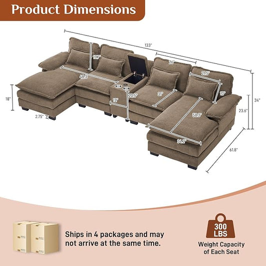 133" Oversized U Shaped Cloud Couch Modular Sectional Couches for Living Room Comfy Chenille Deep Seat Sofa Set with Double Chaise Lounge, Storage Central Console, Cup Holders, USB Port, Brown