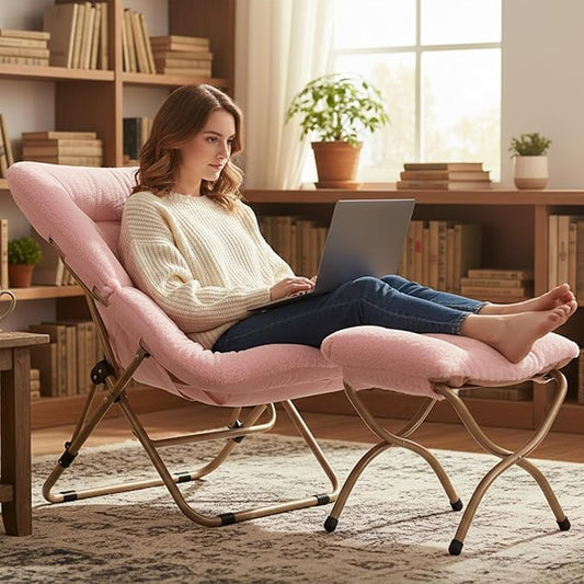 Comfy Folded Chair with Ottoman, Oversized Folding Faux Fur Chair Soft Furry Lazy Chair with Metal Frame Moon Chair Accent Chair for Bedroom, Living Room, Dorm Rooms