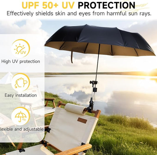 Chair Umbrella with Universal Clamp, Double Canopy Sunshade, Adjustable 360° Swivel, UPF 50+ UV Protection, Clip On Umbrella for Beach Chair, Camping Chair Patio, Stroller, Wheelchair Golf Cart 100cm/39.4in