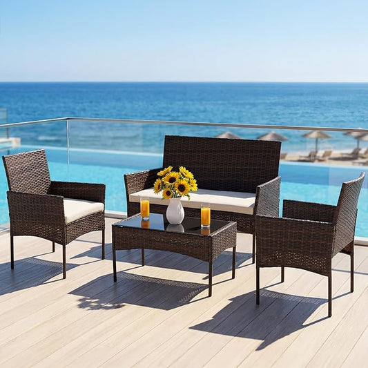 DUMOS 4 Piece Patio Furniture Set, All-Weather Outdoor Wicker Conversation Set with Removable Cushions & Tempered Glass Coffee Table, for Porch, Balcony, Lawn, Backyard, Brown