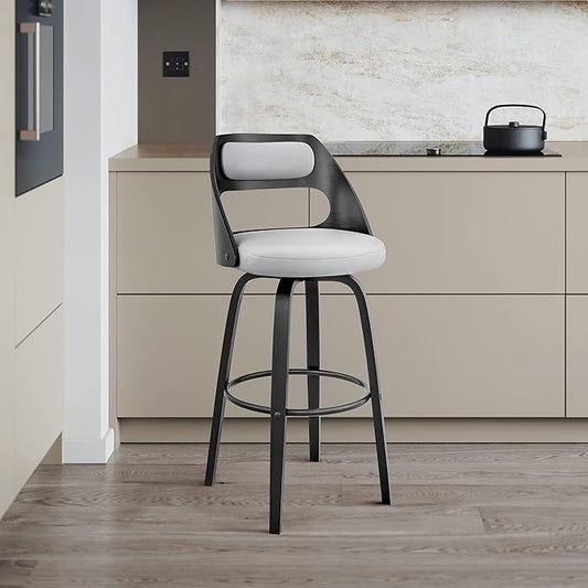 Armen Living Julius Mid Century Modern Swivel Bar Stool for Kitchen Island Counter in Gray Faux Leather and Black Wood, 26" Seat Height
