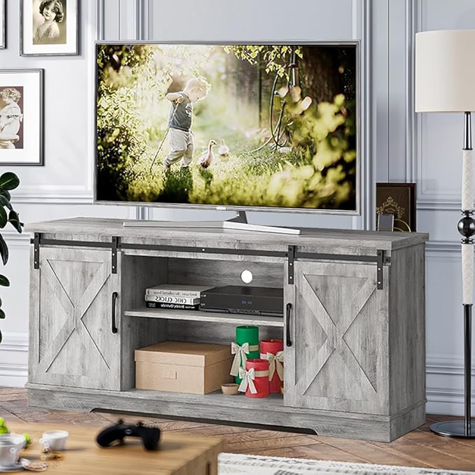 GAOMON Farmhouse TV Stand for 65 Inch TV Entertainment Center TV Media Console Cabinet, TV Stand with Storage, Barn Doors and Shelves, Tall Modern TV Console Table Furniture for Living Bedroom (Grey)