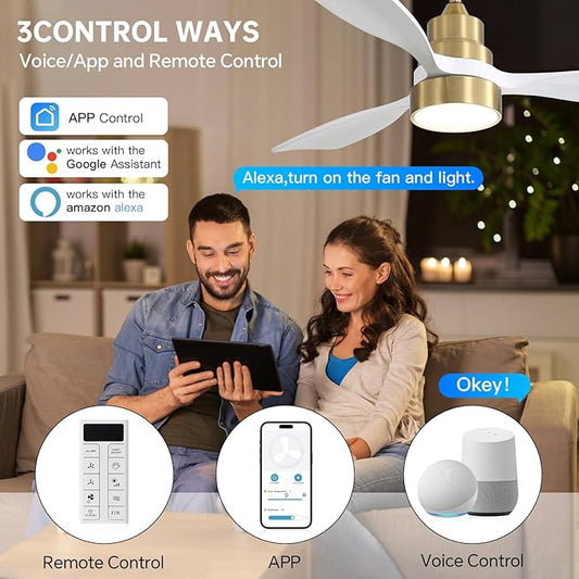 CACI Mall 48 inch Smart Ceiling Fans with Lights, Low Profile, Modern, Gold, 3 Blades, Solid Wood, Remote Control, Work with Alexa/Google, Outdoor Indoor Ceiling Fans for Patio Living Room Bedroom