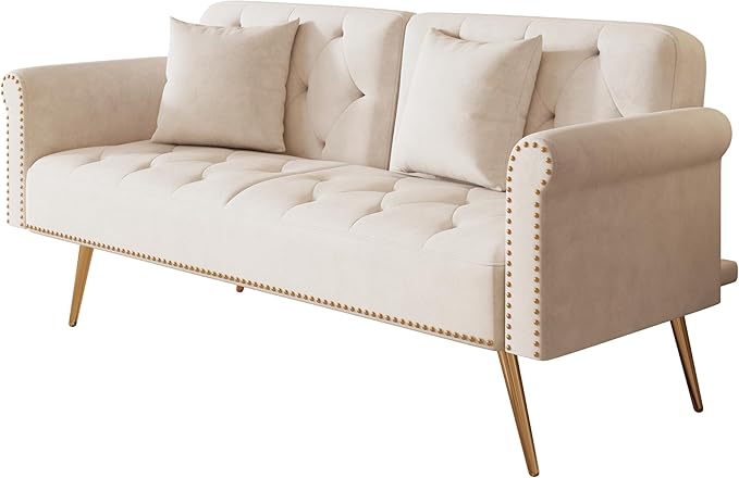 Convertible Futon Sofa Bed , Adjustable Sleeper Couch Modern Velvet Tufted Recliner Reversible Loveseat Folding Daybed Guest Bed Sofacama w/ Nailhead Trim and Golden Metal Legs for Living Room Office