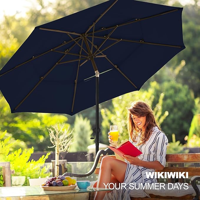 wikiwiki 10ft 3-Tier Patio Umbrella Outdoor Table Market Umbrella for Patio with Push Button Tilt/Crank, Fade Resistant Waterproof POLYESTER Canopy for Garden, Lawn, Deck, Backyard & Pool, Navy Blue