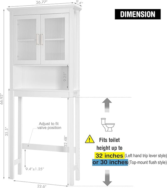 Spirich Over The Toilet Cabinet for Bathroom Storage, Above Toilet Storage Cabinet with Moru Tempered Glass Doors, White