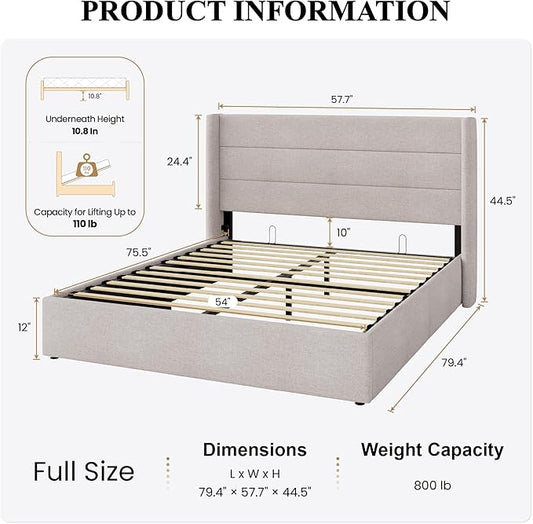 SHA CERLIN Full Size Lift Up Storage Bed/Modern Wingback Headboard/Upholstered Platform Bed Frame/Hydraulic Storage/No Box Spring Needed/Wood Slats Support/Light Beige