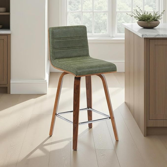 Vienna Modern Counter Height Swivel Bar Stool with Vintage Green Upholstered Seat and Walnut Finished Wood Frame Set of 2