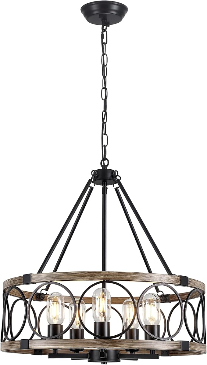 Farmhouse Chandelier for Dining Room 5-Light Black Rustic Drum Chandeliers 20" Wood Texture Adjustable Pendant Light Fixture for Kitchen Island Entryway Bedroom Hallway