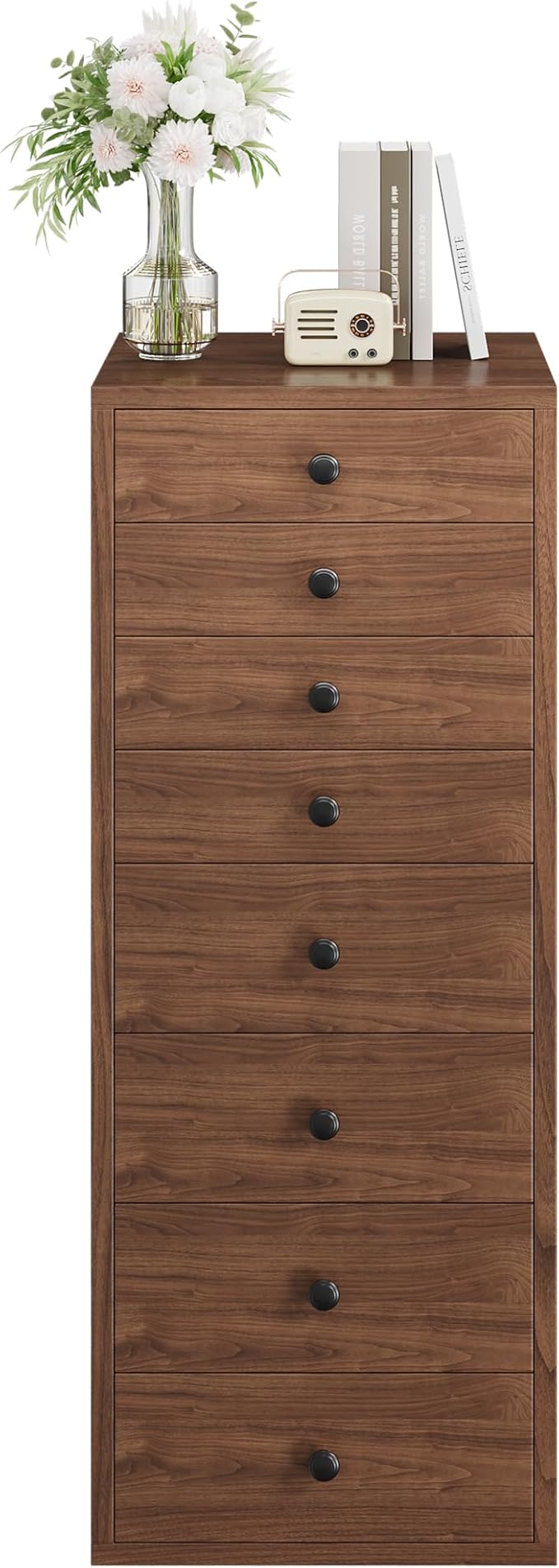 LIKIMIO Tall Dresser, Small Dressers with 8 Storage Drawers, Chest of Drawers for Organizing, Tall Narrow Dresser for Bedroom, Walnut