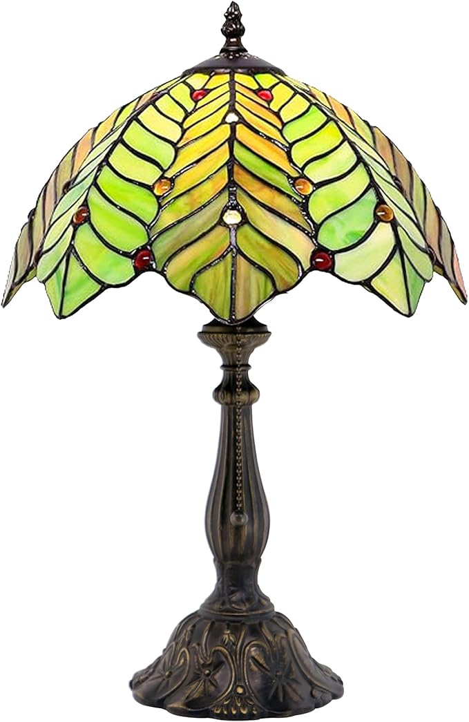 Tiffany Lamp Stained Glass Table Lamp Bedside Reading Light W12H19 Inches (Brown Green Leaf)