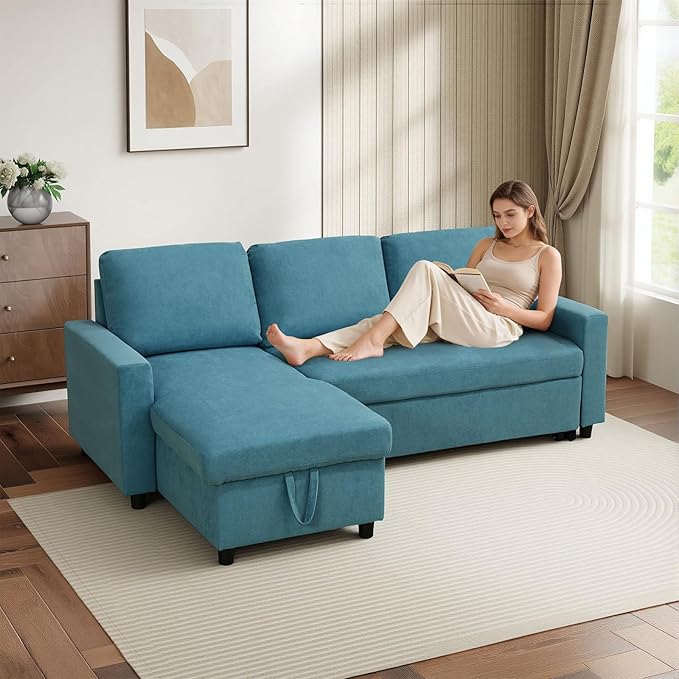Yafylly L-Shaped Sleeper Sofa with Chaise Lounge & Storage, Pull-Out Couch Bed with Recliner, Full Size Futon for Living Room, Office, Apartment Teal