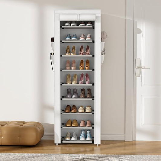 Shoe Rack with Cover Narrow Shoe Rack Organizer with 4 Side Pockets 10 Tier Tall Shoe Storage Shoe Shelf Holds 18-22 Pairs Shoes and Boots Shoe Rack for Closet, White