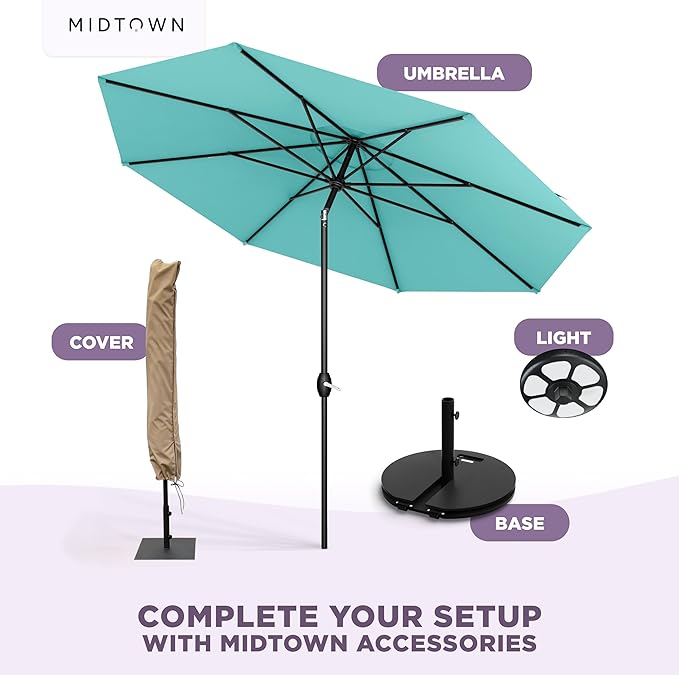 Midtown Umbrellas - The Lean 8 Ft Patio Umbrella with Fade-Resistant Sunbrella Fabric, Auto-Tilt Aluminum Frame and 8 Reinforced Ribs for Deck, Pool & Garden - Aruba Canopy, Black Pole