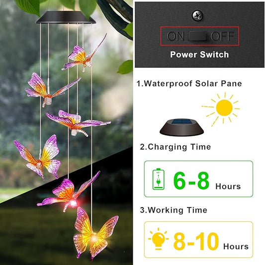 Butterfly Wind Chimes, Solar Wind Chimes/Wind Chimes for Outside Color Changing (Gifts for mom/Gift for Grandmom/Gift for Women) Thanksgiving Gift Butterfly Gift