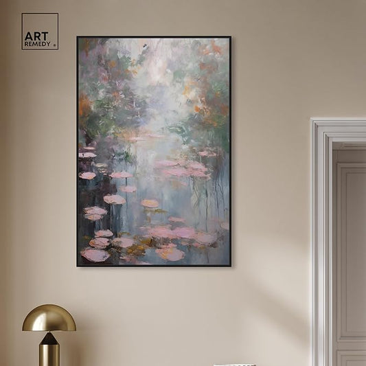 Art Remedy Pink Impressionisty Lilypads Framed Impressionism 1 Piece Canvas Wall Art/Monet And Van Gogh Inspired Art, 31" x 46", Black Frame