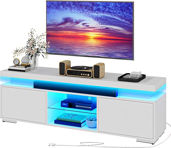 DWVO White Modern TV Stand with LED Lights and Power Outlet, Modern Entertainment Center for 55/60/65 Inch, Media Console Table TV Cabinet with Storage, Universal TV Stand for Living Room,White