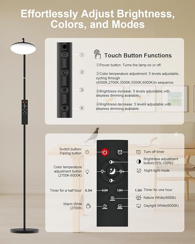 LED Floor Lamp, 32W Super Bright Standing Lamp with Remote Control, Modern Dimmable 69" Torchiere Tall Lamp, 350°Rotating Head Reading Floor Lamp for Living Room, Bedroom, Office, Black
