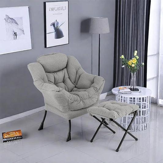 GORELAX Lazy Chair with Ottoman, Modern Accent Chair w/Armrests & Side Pocket, Upholstered Lounge Sofa Chair & Folding Footstool Set, Reading Chair for Bedroom, Living Room, Dorm Room (Plush Grey)