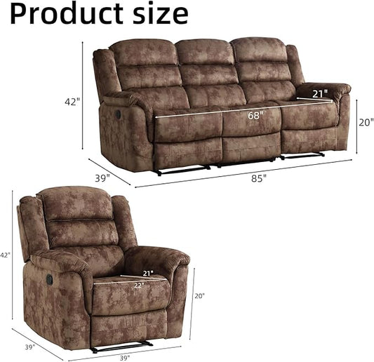 EBELLO 2 Pieces Reclining Couch Furniture Set, Soft Fabric Manual Recliner Sofa Home Theater Seating, Included Recliner Chair and 3 Seat Sofa, Brown