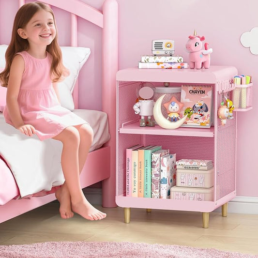 Kids Nightstand,Kids Bedside Table,Teen Girls Night Stand,Toddler Night Stand,End Table for Girls Room Storage,Pink nightstand