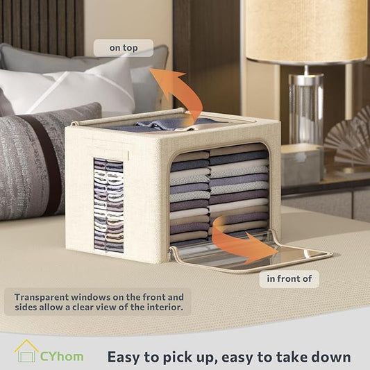 CYhom 4 Pack Clothes Storage Bins with Metal Frame - Linen Fabric Foldable Stackable Container Organizer Set with Clear Window & Carry Handles & Zippers (Beige, 15.7"x11.8"x7.8")