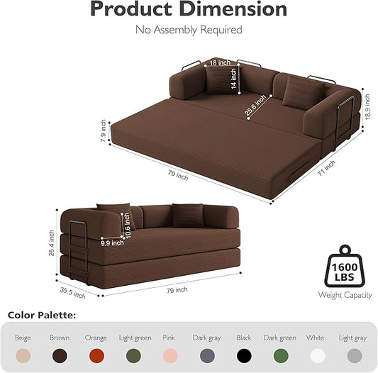 79in Convertible Sofa Bed, Corduroy Boneless Couch Bed, Futon Sleeper Sofa Pull Out Bed, Foldable Couch for Living Room Apartment, No Assembly Required