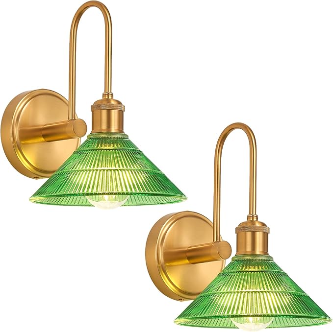 Wall Sconce Set of 2, Gold Vintage Light Fixtures with Round Green Glass Lampshade, Hardwired Sconces Wall Lighting for Bedroom, Bathroom, Living Room | Includes 2 LED Bulbs
