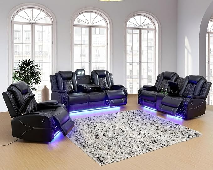 Power Recliner Loveseat, Air Leather Reclining Couch with LED/Cup Holders/Storage, 2-Seater Reclining Sofa, Black Leather Couch for House/Apartment/Office