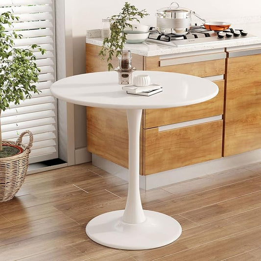 Round Dining Table 31.5" Circle Tulip Table with Wood Thickened Tabletop & Sturdy Metal Pedestal Mid Century Modern Leisure Bistro Kitchen Tables 4 People Small Places Living Room Cafe,White