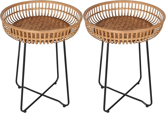 Oakrain Rattan End Table, Nesting Tables, Set of 2, Bamboo, Round, Metal Base, for Boho Living Room, Sofa, Bedroom, Terrace (18.11inch, Set of 2)