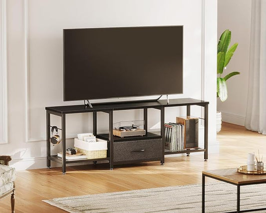 Casaottima 47" TV Stand with Open Storage Shelves for 43, 50 Inch TV, Entertainment Center with Fabric Drawers, TV Console Table with Soundbar Shelf TV Stand for Living Room Bedroom, Pure Black