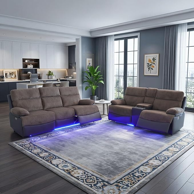 Power Corduroy Recliner Sofa Set with LED Light,Reclining Sofa and Loveseat Set with USB Port/Cup Holder/Storage,Luxury Corduroy Couch for Living Room/Home Theater(3+2 Seats,Brown)