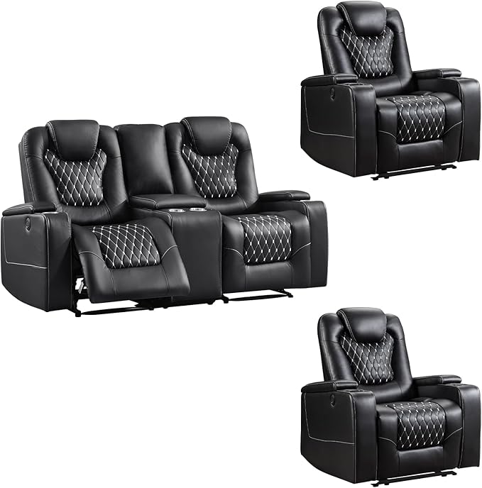 ANJ Power Recliner Sofa Set, Faux Leather Reclining Living Room Furniture Set, Included 2PC Recliner Chair and Loveseat Sofa, Black
