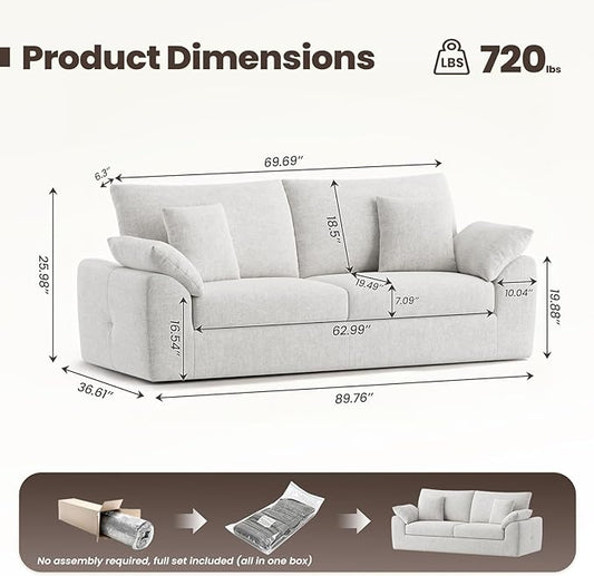 MALOL 90" Boneless Loveseat Sofa, Cloud Foam Couch, 3 Seater Upholstered Midcentury Mondern Love Seat, Wide Armrest and 4 Pillows for Home Living Room/Small Spaces, No Assembly Required, Beige