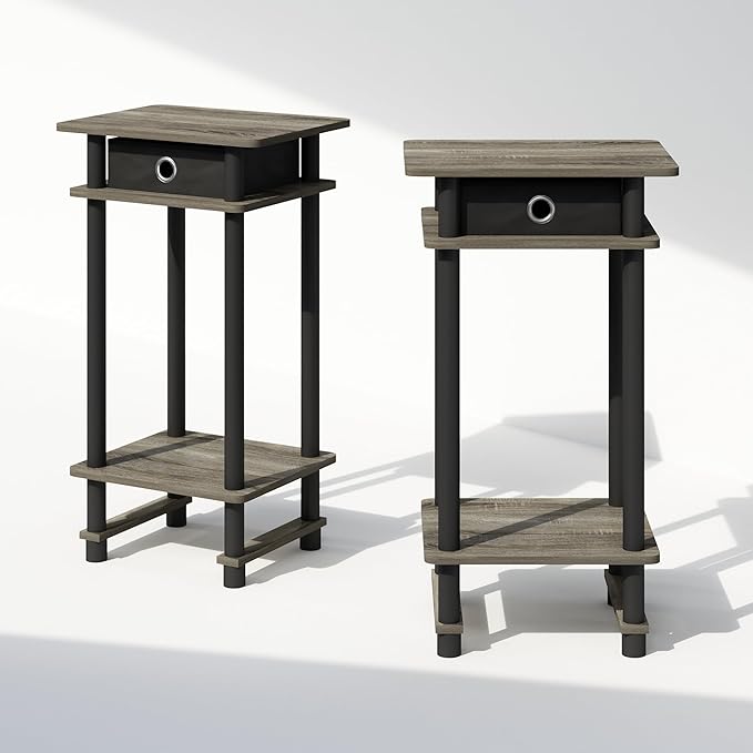 Furinno Turn-N-Tube Tall Nightstand with Bin, 2-Pack, Plastic Poles, French Oak/Black/Black