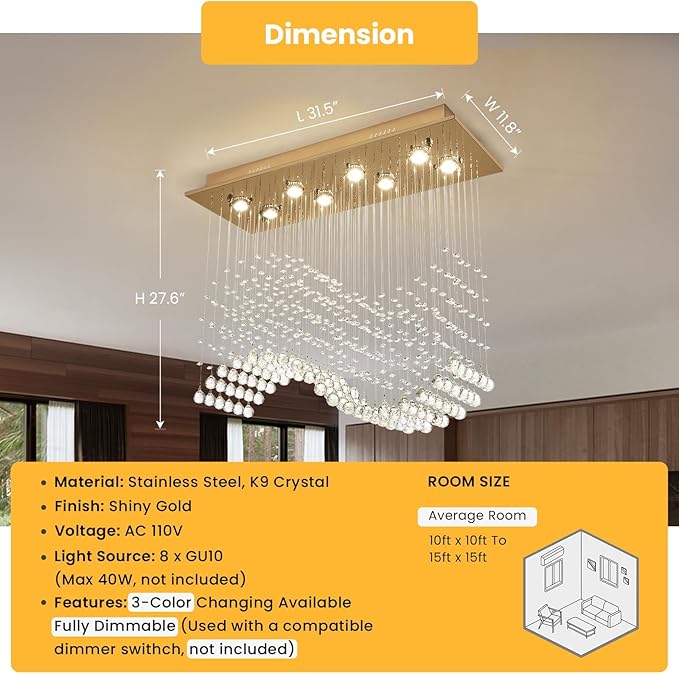 Siljoy Gold Rectangle Crystal Chandelier for Dining Room, 31.5'' Modern Wave Raindrop Crystal Chandelier, 8-Light Luxury Rectangular Pendant Ceiling Light for Living Room Kitchen Island