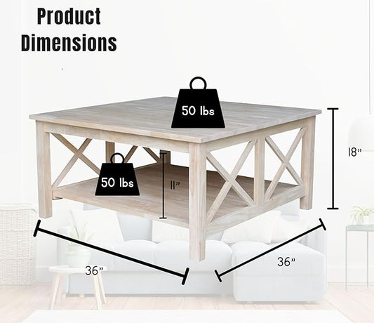 Solid Wood Hampton Square Coffee Table, Unfinished